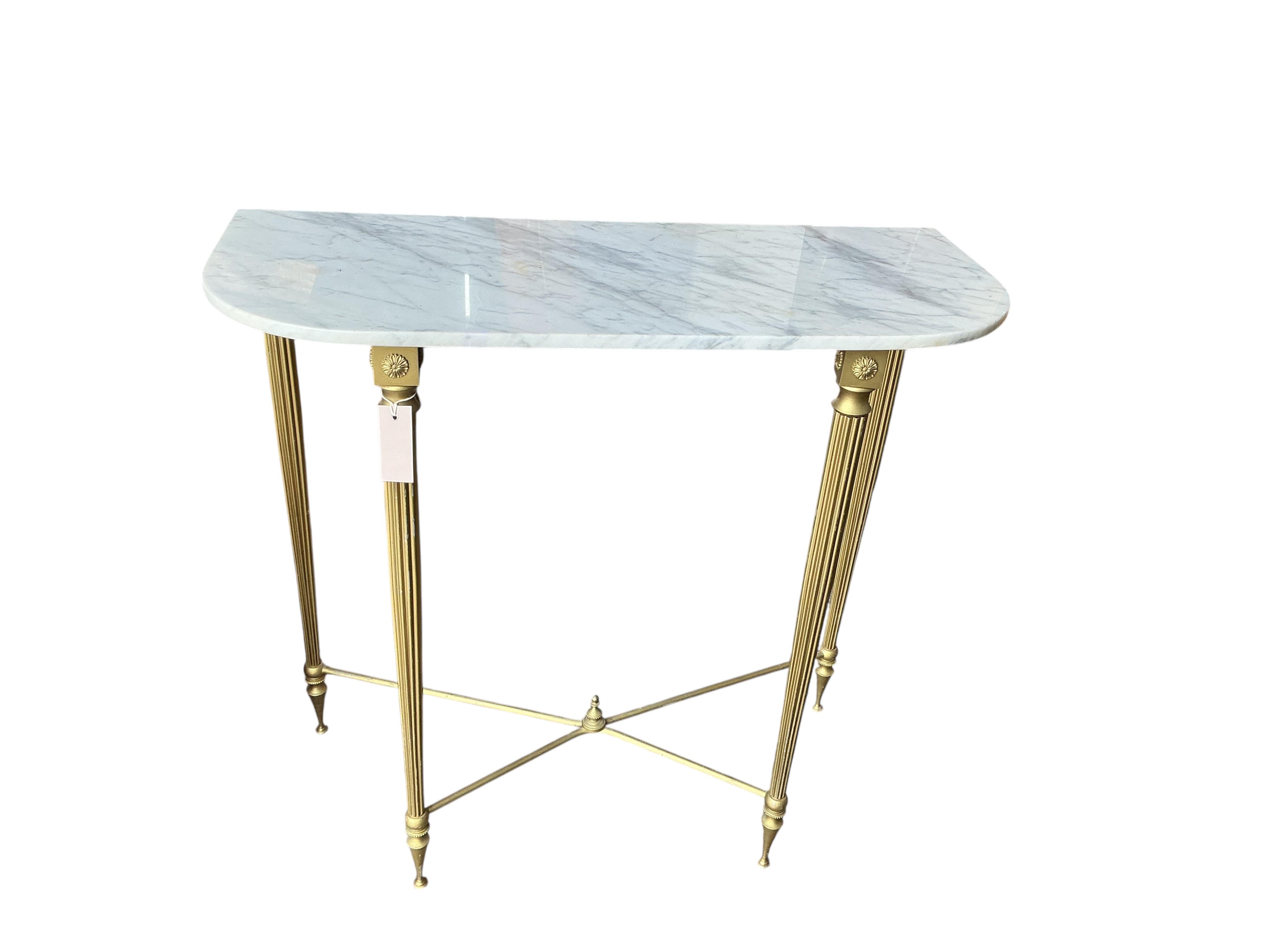 A marble topped brass console table, width 80cm, depth 33cm, height 76cm